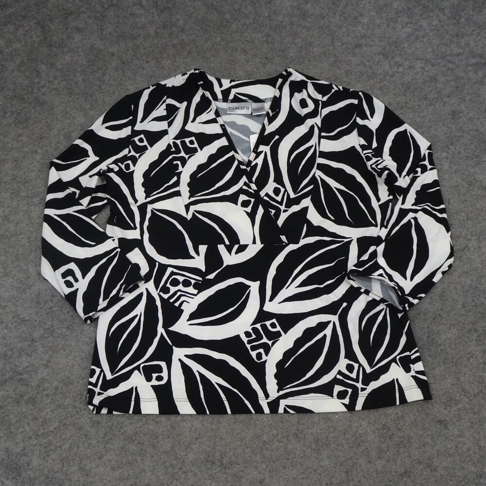 Chicos Top Womens 1 Regular Medium M Black White 3/4 Sleeve Blouse Paulette